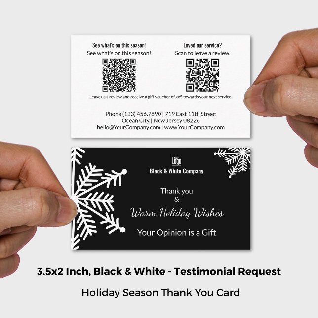Cartão De Visita Solicitação de testemunho de feriado preto e branc (Black & White Holiday Testimonial Request Business Card; Size 3.5x2 Inch (US))