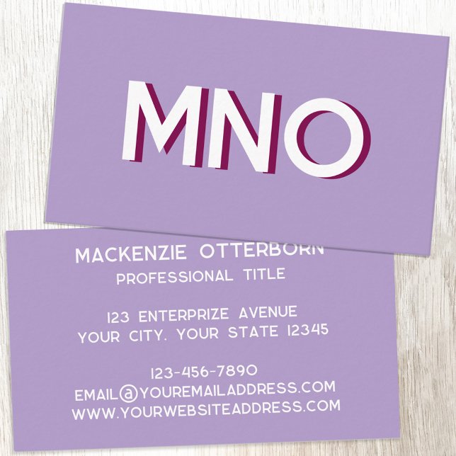 Cartão De Visita Sombra de Quebra das Iniciais do Monograma Moderno (Modern drop shadow monogram initials business card in lilac purple)