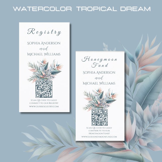 Cartão De Visita Sonho tropical de aquarela - Registro-Lua de mel (Watercolor Tropical Dream Wedding Registry and Honeymoon Card-QR code-Coastal-Pastel Colors)