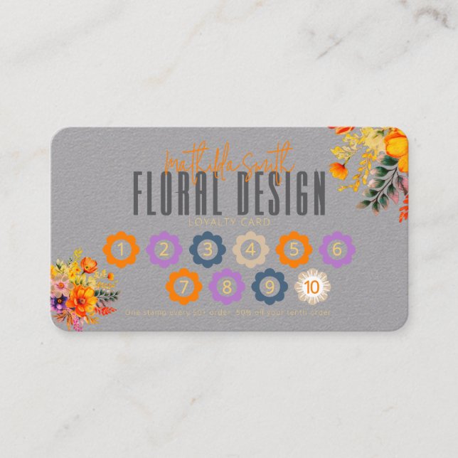 Cartão De Visita Sophisticated Floral Design Gray Orange Loyalty (Frente)
