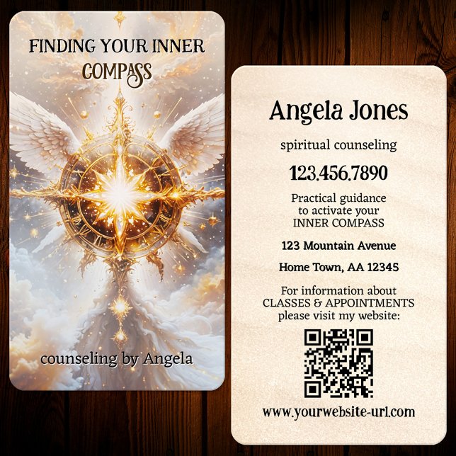 Cartão De Visita Spiritual Counseling Psychic Guidance (Professional business card for a  psychic or counselor featuring a winged compass)