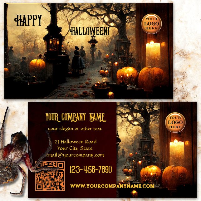 Cartão De Visita Spooky Graveyard Halloween (Halloween business card featuring a spooky graveyard at dusk with burning candles and pumpkins)