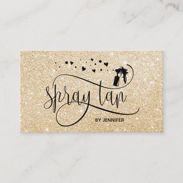 Cartão De Visita Spray tan script gold glitter confetti corações (Frente)