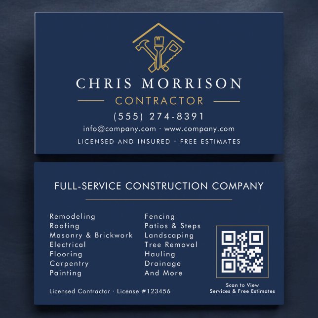Cartão De Visita Stylish Home Repairs Contractor Navy Blue QR Code (Criador carregado)