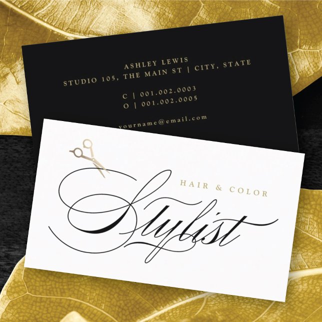 Cartão De Visita Stylist com cabelo clássico - Tesouras Douradas pa (Classic Hair Stylist Calligraphy Gold Scissors Business Card by fatfatin @ color_therapy)