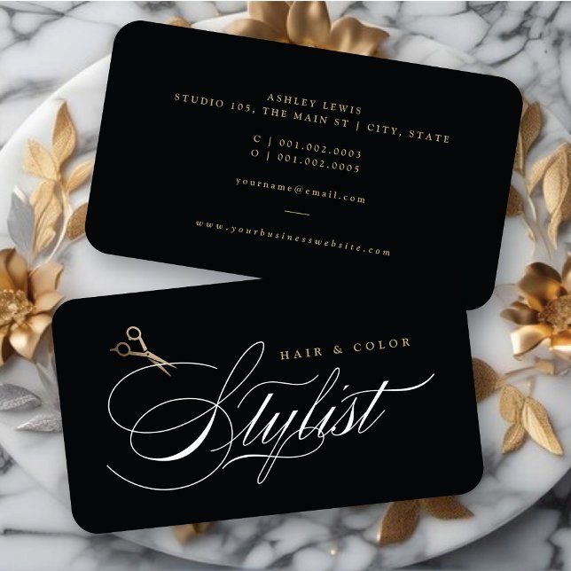 Cartão De Visita Stylist com cabelo clássico - Tesouras Douradas pa (Classic Hair Stylist Calligraphy Gold Scissors Business Card @ fatfatin)
