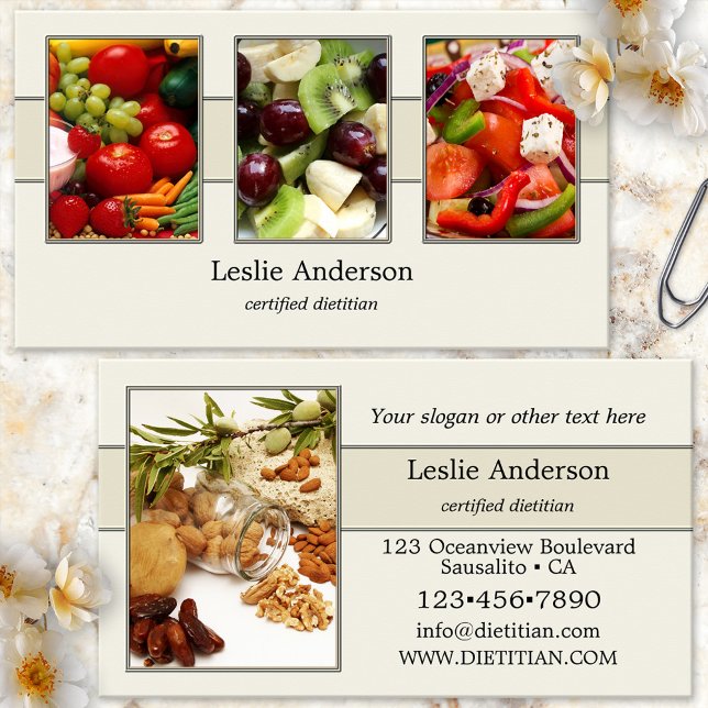 Cartão De Visita Suas 4 fotos: etitiano ou nutricionista elegante (Health coach or dietitian/nutritionist business card showing your photos on an elegant cream design)