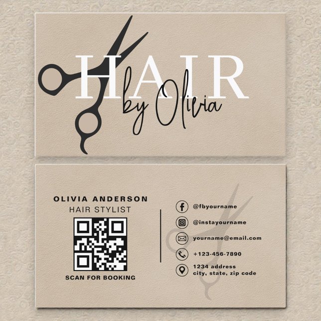 Cartão De Visita Suede Neutral Scissors QR Code Hair Stylist  (Criador carregado)