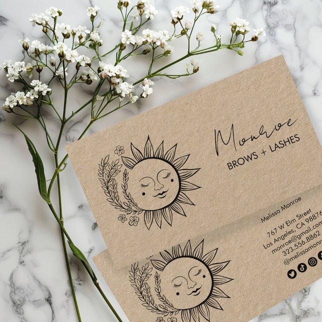 Cartão De Visita Sun FlowersÍcone Social Elegante de Arte em Linha  (Sun FlowersBoho Line Art Elegant KRAFT Social Icon Business Card
)