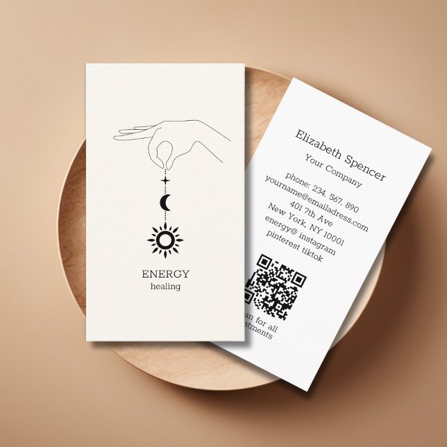 Cartão De Visita Sun Moon Beige QR-Code Business Card (Beige Hand Sun Moon Illustration QR Code Business Card. Modern Whimsical. )