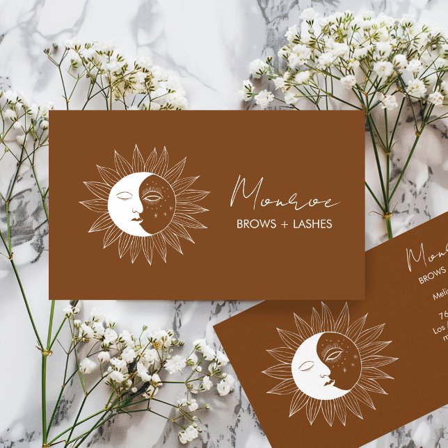 Cartão De Visita Sun & Moon Boho Line Art Elegante Terrestre Social (Sun & Moon Boho Line Art Elegant Earthy Social Media Icons Business Card Brown
)