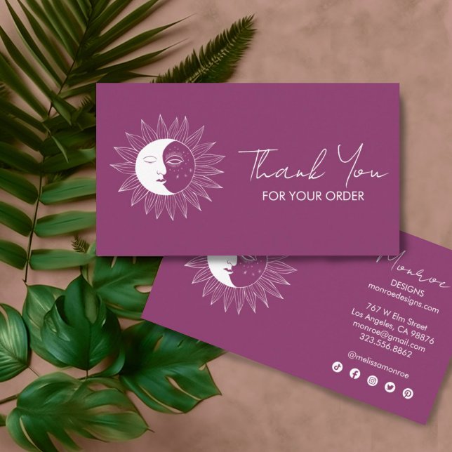 Cartão De Visita Sun & Moon Boho Pedido de Ícones Sociais Obrigado  (Custom thank you for your order cards with a sun and moon illustration and social media icons)