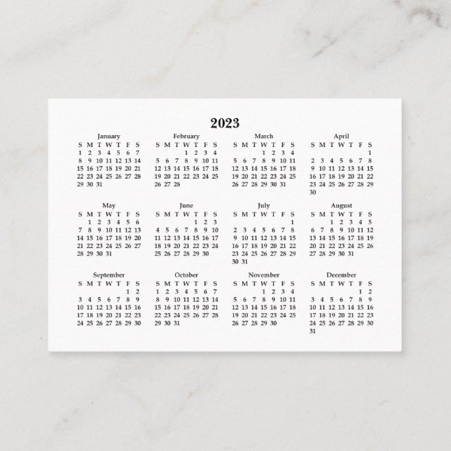 Cartão De Visita SUNDAY 2023 Mini Calendário Início Branco (Verso)