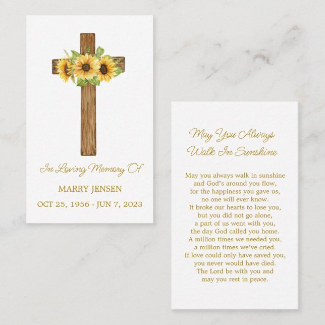 Cartão De Visita Sunflower Cross Memorial Funeral Prayer Card (Frente/Verso)