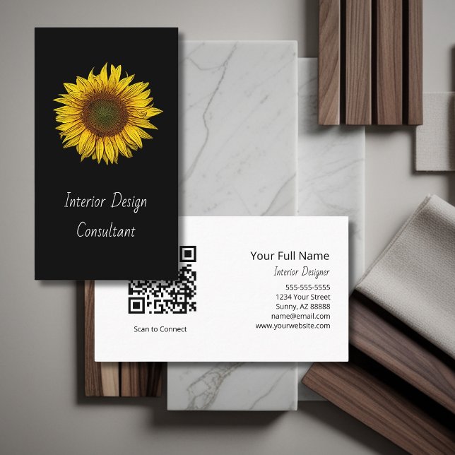 Cartão De Visita Sunflower QR code Interior Designer Modern Black  (Criador carregado)