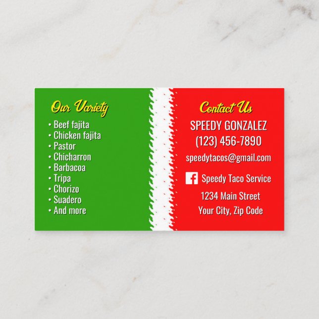 Cartão De Visita Taco Catering Service Business Cards (Verso)
