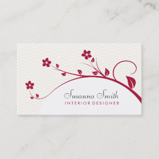 Cartão De Visita Tarjeta de plantilla con flores rojas y chevrón