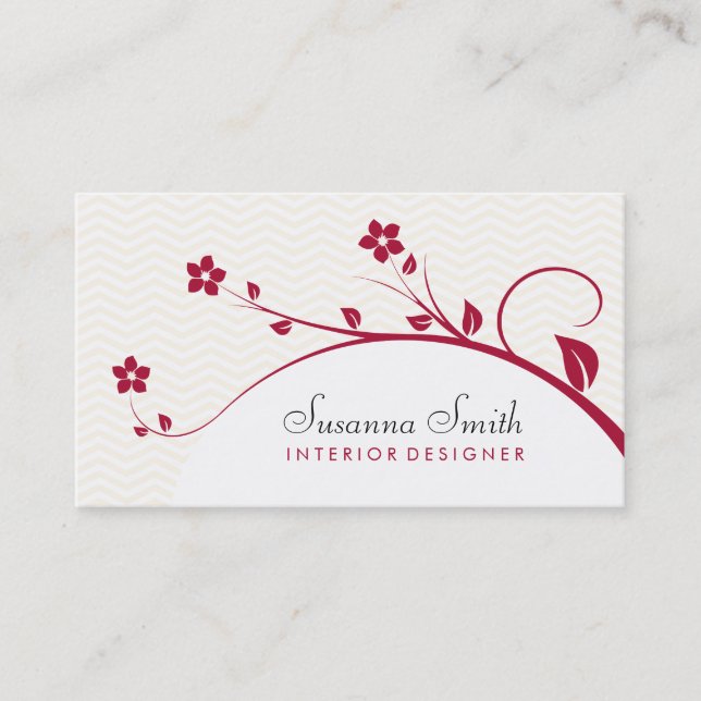 Cartão De Visita Tarjeta de plantilla con flores rojas y chevrón (Frente)