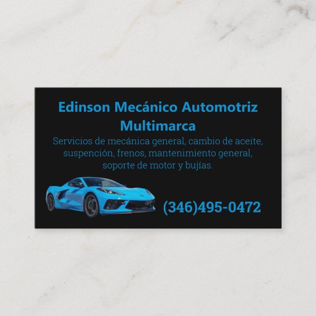 Cartão De Visita Tarjetas Negocios Azul Negro Mecánico Automotriz (Frente)