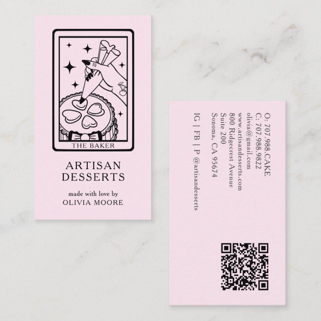 Cartão De Visita Tarot Artisan Baker Dessert Caterer QR Code Pink (Frente/Verso)