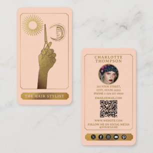 Cartão De Visita Tarot Celestial Foto Cabelereiro Rubor Rosa Dourad