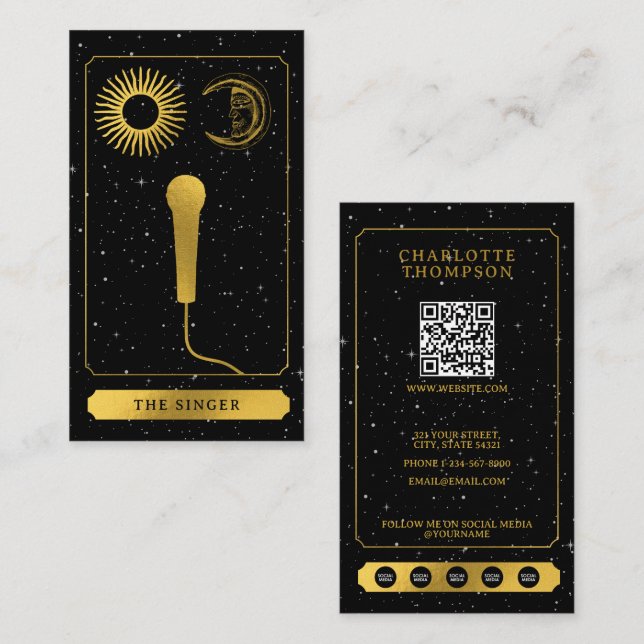 Cartão De Visita Tarot Celestial Sol Lua Cantor Microfone Dourado (Frente/Verso)
