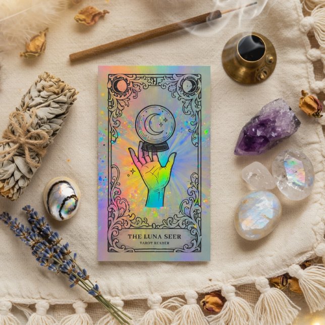 Cartão De Visita Tarot Reader | Holographic Celestial Tarot Reader  (Criador carregado)