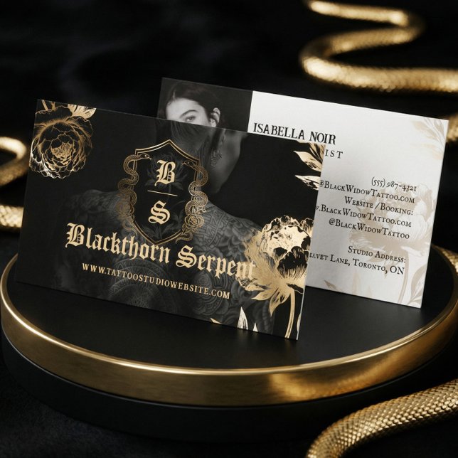 Cartão De Visita Tattoo Artist Photo Monogram Black Gold Snake  (Tattoo Artist Photo Monogram Black Gold Snake Business Card)
