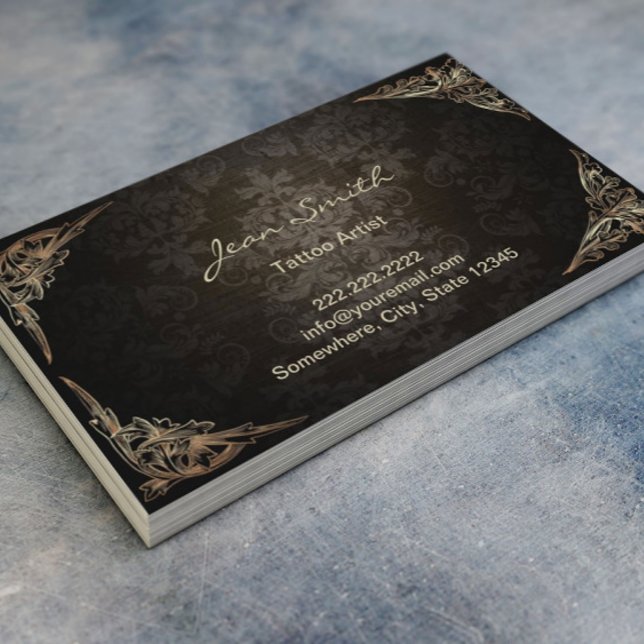 Cartão De Visita Tattoo Artist Vintage Framed Damask (Criador carregado)