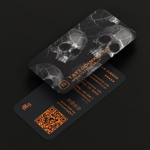 Cartão De Visita Tatuador Crânio Foto Logotipo Inicial Preto Laranj