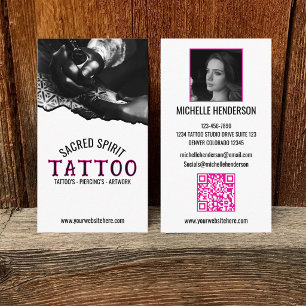 Cartão De Visita Tatuador de Código QR de Foto Preto e Branco Moder