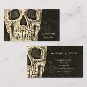 Cartão De Visita Tatuador de Tatuagem Preta Sepia Cabeça de Crânio