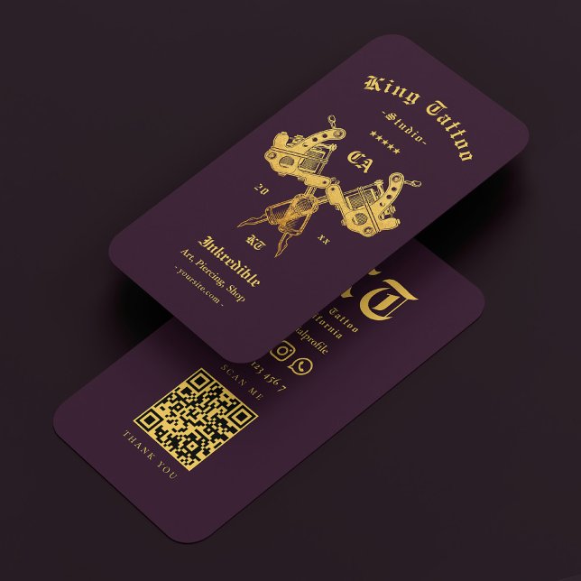 Cartão De Visita Tatuador Moderno Elegante Roxo Escuro Dourado (Elegant Modern Tattoo Artist Dark Purple Gold Business Card
)