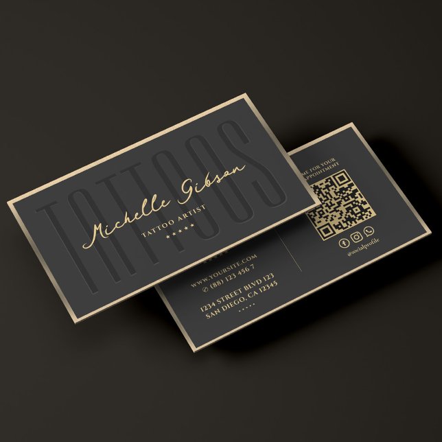 Cartão De Visita Tatuador Tatuador Faux Frame Dourada Frame Modern (Tattooist Tattoo Artist Black Gold Frame Modern Business Card
)