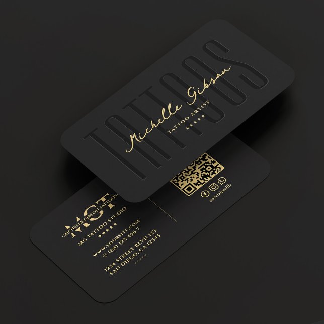 Cartão De Visita Tatuador Tatuador Moderno Monograma Negro (Modern Tattooist Tattoo Artist Monogram Black Gold Business Card
)