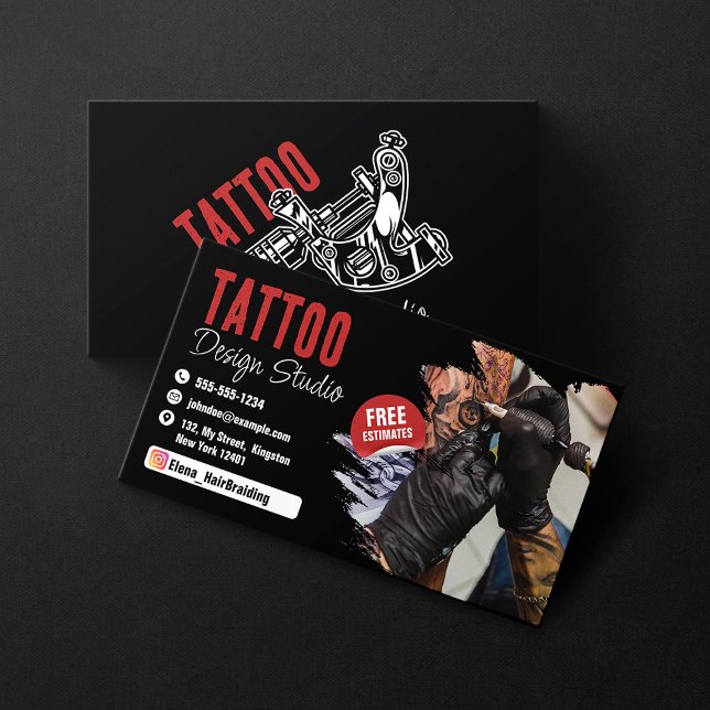 Cartão De Visita Tatuador Trendy Studio preto e vermelho (Criador carregado)