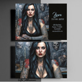 Cartão De Visita Tatuadora De rosas vermelhas E Skulls