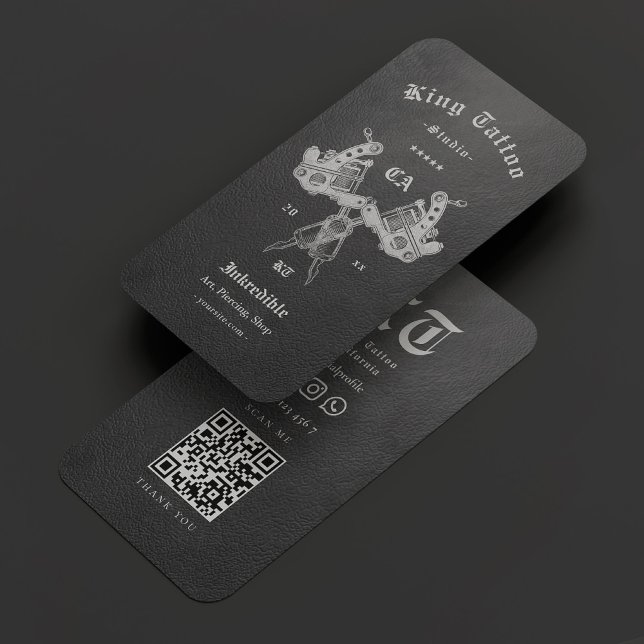Cartão De Visita Tatuagem Artista Faux Leather Dark Cinza Moderna (Tattoo Artist Faux Leather Dark Grey Modern Business Card
)