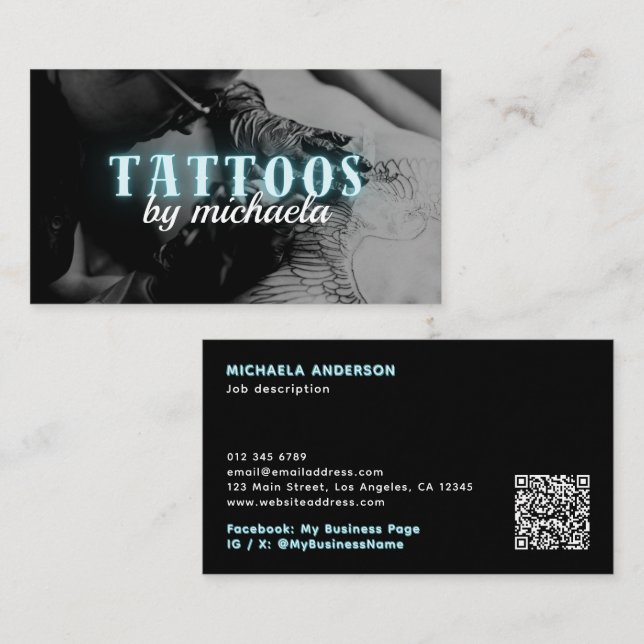 Cartão De Visita Tatuagem Artista Foto Personalizada Blue Neon (Frente/Verso)