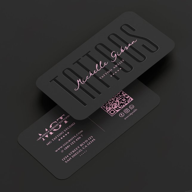 Cartão De Visita Tatuagem Artista Negro Tatuador Rosa Monograma (Tattoo Artist Black Pink Tattooist Monogram Business Card
)