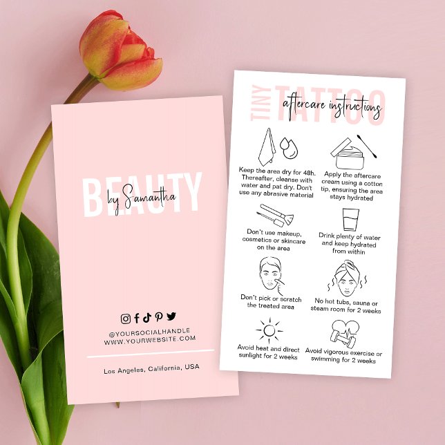Cartão De Visita Tatuagem Artista PMU Após Instruções De Tratamento (Elegant tiny tattoo after care instructions business cards in pink and white or edit to any color)