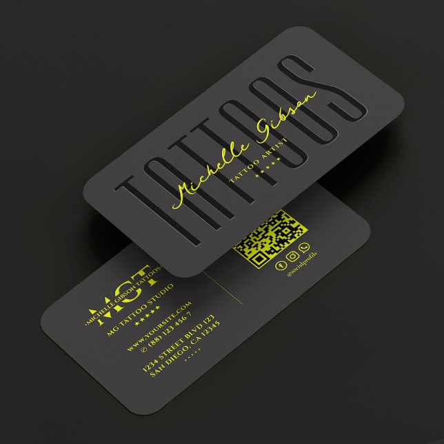 Cartão De Visita Tatuagem Artista Tattoos Neon Yellow Modern (Tattoo Artist Tattoos Neon Yellow Modern Business Card
)