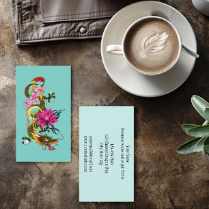 Cartão De Visita Tatuagens de Dragão Chinês Verde Ousado com Lótus 