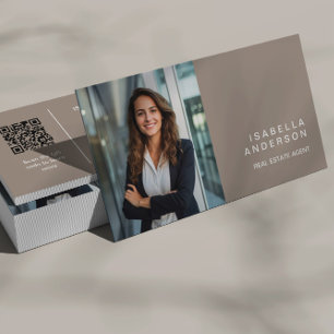 Cartão De Visita Taupe Moderno Profissional de Imóveis Foto QR
