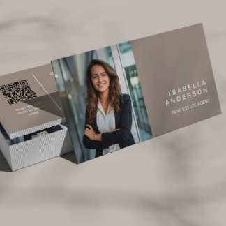 Cartão De Visita Taupe Moderno Profissional de Imóveis Foto QR