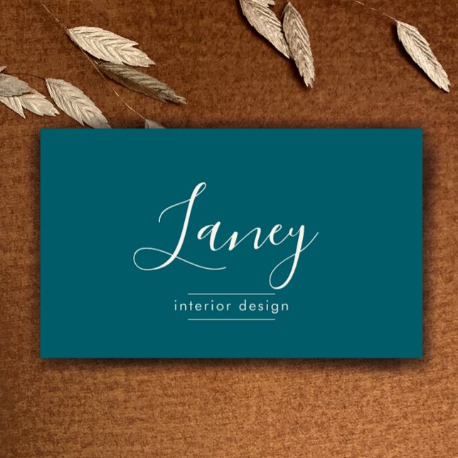 Cartão De Visita Teal Custom QR Code Interior Design Professional (Custom elegant script teal and cream simple interior design professional business card template.
)
