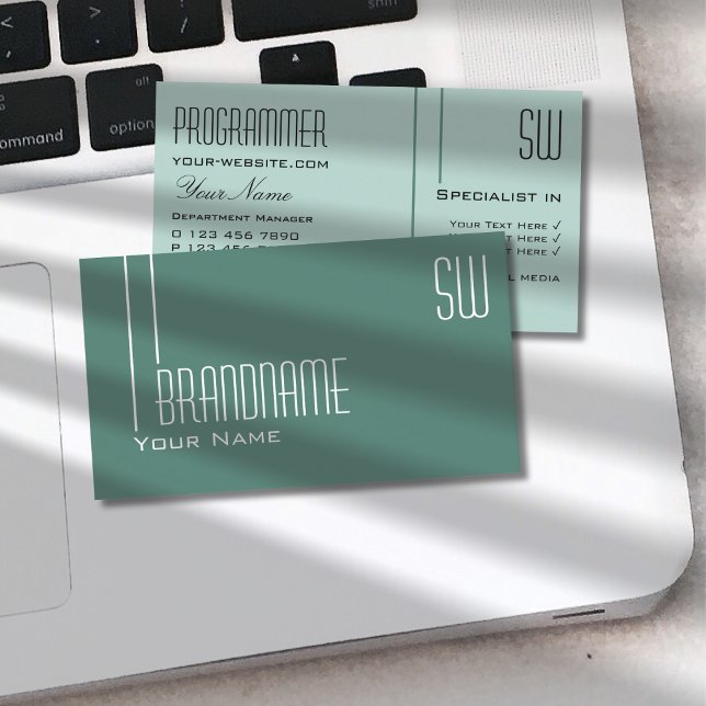 Cartão De Visita Teal de luz escuro moderno com Iniciais Profission (Criador carregado)