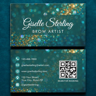 Cartão De Visita Teal Dourado de Látea Artista de luxo Código QR