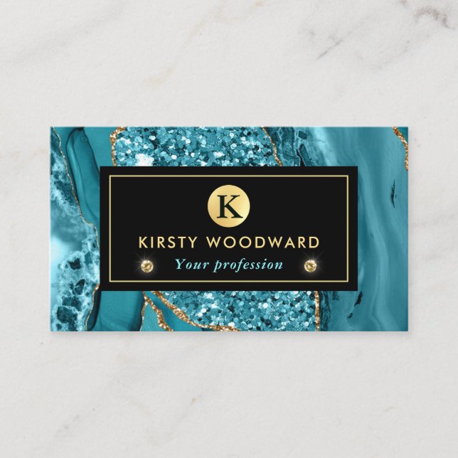 Cartão De Visita Teal Elegante e Agitador Dourado do Oceano (Frente)