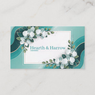 Cartão De Visita Teal Floral da Orquídea Branca Moderna e Dourada